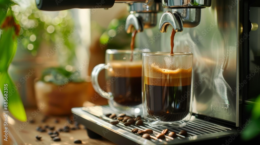 Dual espresso shot poured into clear mugs from a modern home espresso machine, set against a backdrop of scattered coffee beans and houseplants.