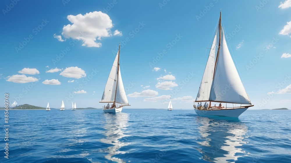 Group of Sailboats Floating on Large Body of Water Group of Sailboats Floating on Large Body of Water