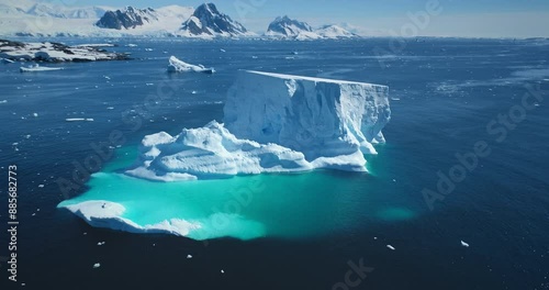 Giant iceberg towering melting blue underwater ice. Natural beauty and power. Polar winter landscape in Antarctica. Ecology, melting ice, climate change, global warming background. Aerial drone shot