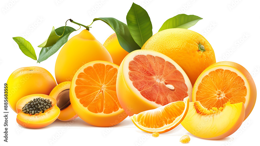 Collection of yellow orange fruits in pile group, oranges, apricot, grapefruit, papaya, peach, mango on withe background cutout, PNG file