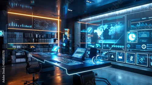 Wallpaper Mural Futuristic Office Workspace with Holographic Displays and Advanced Technology for Modern Work Environments Torontodigital.ca