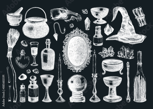 Bohemian-style Witchcraft boutique sketches set—Halloween hand-drawn vector illustrations. Antique apothecary design elements on chalkboard. NOT AI generated