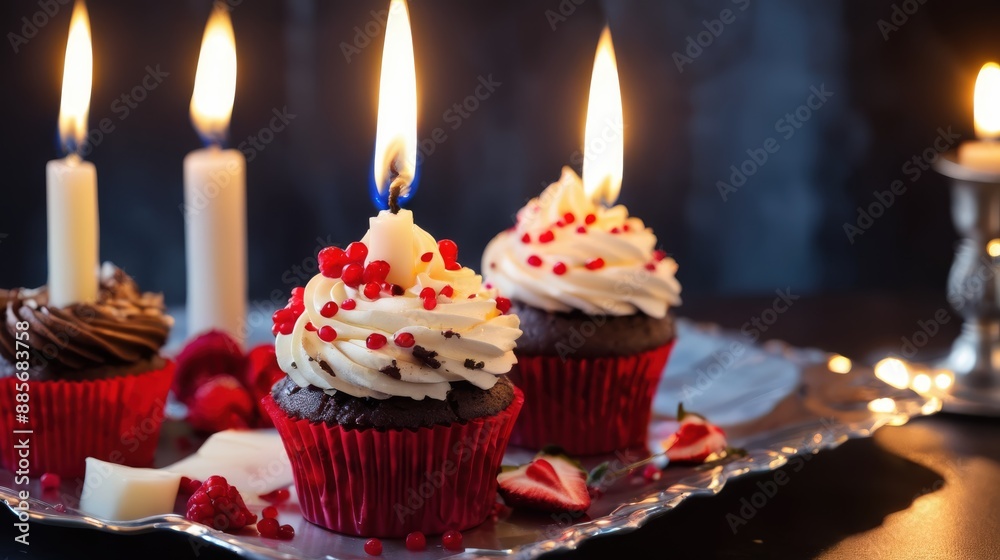 A cupcake with a candle on it, positioned on a dark surface, featuring a symmetrical composition A cupcake with a candle on it, positioned on a dark surface, featuring a symmetrical composition
