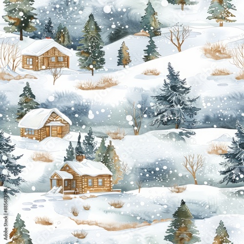 Winter scenes with snowy landscapes, cozy cabins, and falling snow, depicted in serene winter colors, forming a seamless watercolor pattern perfect for winter designs