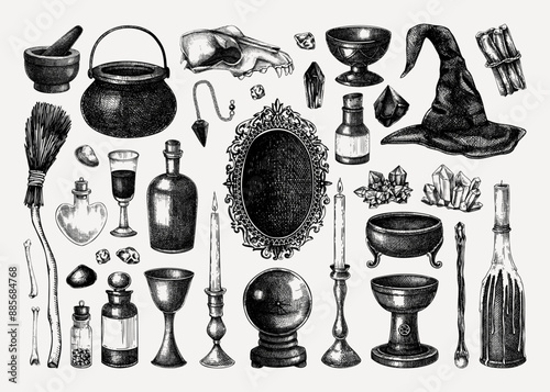 Bohemian-style Witchcraft boutique sketches set—Halloween hand-drawn vector illustrations. Antique apothecary design elements. NOT AI generated