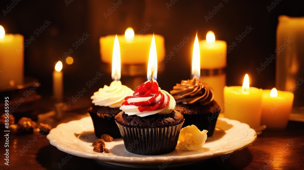 A cupcake with a candle on it, positioned on a dark surface, featuring a symmetrical composition A cupcake with a candle on it, positioned on a dark surface, featuring a symmetrical composition