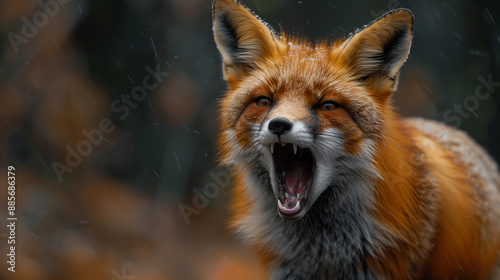 Rabid fox, animal with rabies, saliva from mouth, aggressive. Banner copy space
