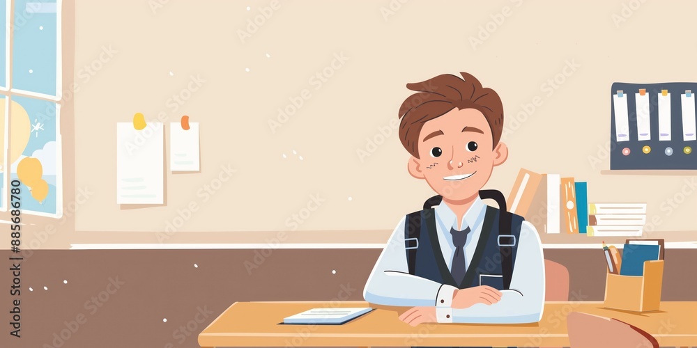 Caucasian teen boy sits at desk in office classroom with serious expression. He wears black suit and tie. Two books are on his desk, one open and one closed. Window with blinds is behind him. Caucasian teen boy sits at desk in office classroom with serious expression. He wears black suit and tie. Two books are on his desk, one open and one closed. Window with blinds is behind him.