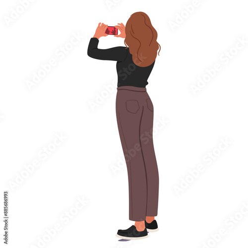 Back View Of A Woman In Casual Clothing Taking A Photo With A Smartphone. Vector Illustration Shows Her Brown Hair