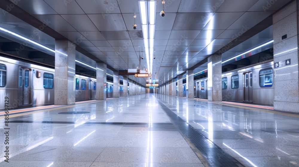 Empty Metro Station with Modern Design, Bright Lighting, and Passenger Safety Features for Urban Commuting Empty Metro Station with Modern Design, Bright Lighting, and Passenger Safety Features for Urban Commuting