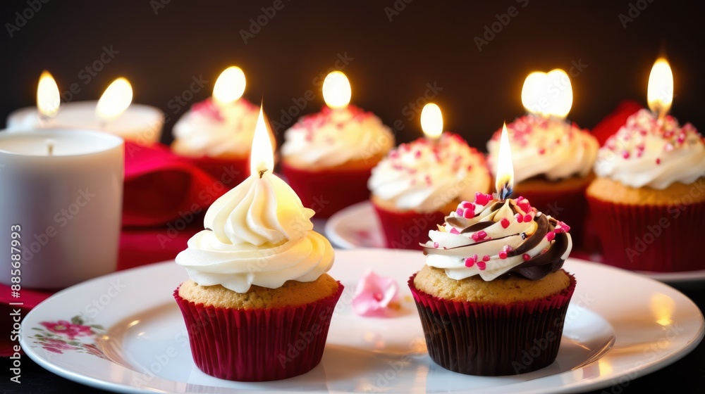 One cupcake with a candle on top, set on a dark background, in a symmetric layout