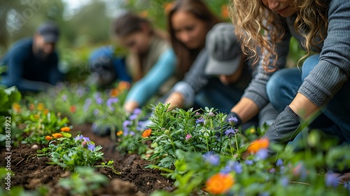 Fototapeta Naklejka Na Ścianę i Meble -  Diverse group of people planting flowers in raised beds in an urban community garden on a sunny day