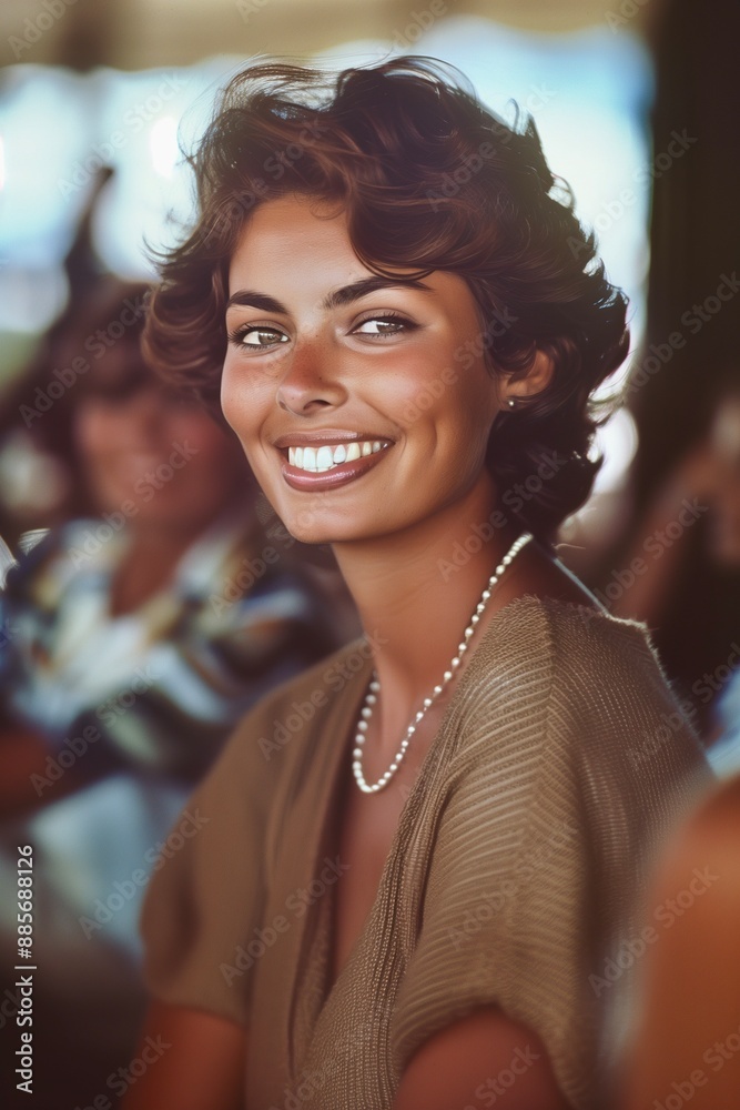 Elegant 1950s style model with a radiant smile, sporting a classic updo ...