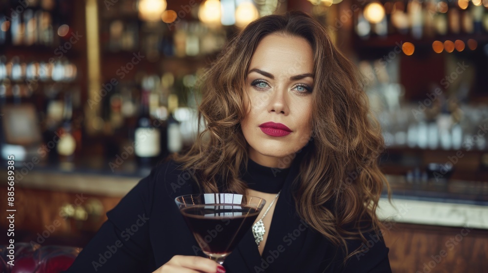 A woman in a black turtleneck holds a glass of red wine, her gaze intense and enigmatic. The warm lighting of a bar or restaurant creates a cozy ambiance A woman in a black turtleneck holds a glass of red wine, her gaze intense and enigmatic. The warm lighting of a bar or restaurant creates a cozy ambiance
