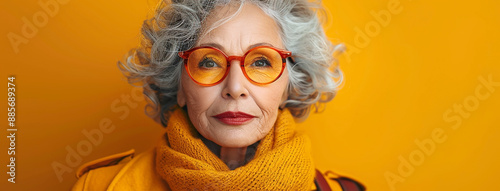 closeup photo of a fashionable stylish old lady with Gray hair with yellow color winter dress in yellow back wall photo