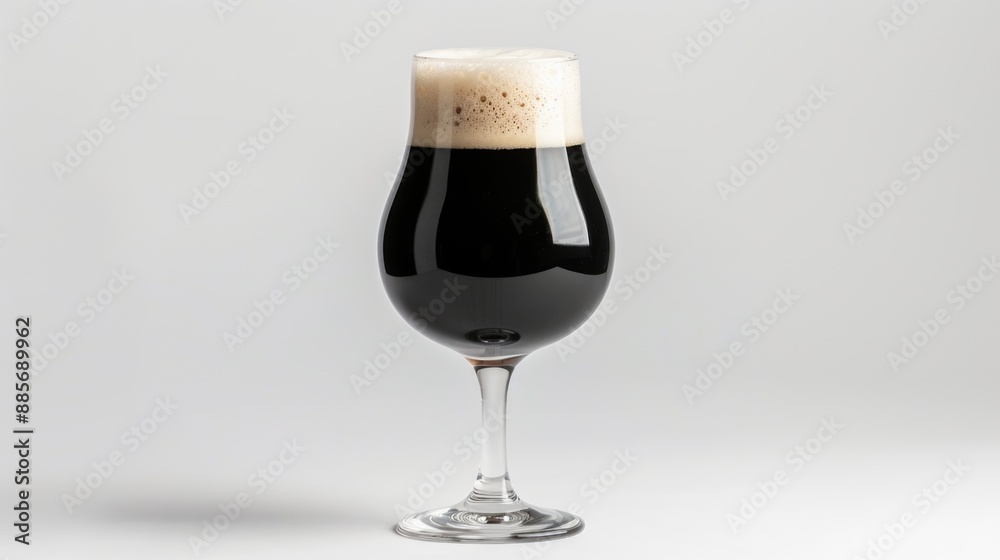 A glass of dark beer with a small head of foam sits on a white background A glass of dark beer with a small head of foam sits on a white background