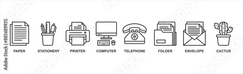 Office supplies banner web : Vector Icon Illustration Concept Featuring paper, stationary, printer, computer, telephone, folder, envelope, cactus