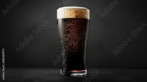 A tall glass of dark beer with a thick head of foam sits on a black surface against a dark background. Condensation forms on the cold glass