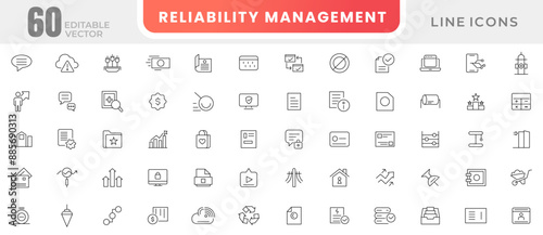 Reliability management line icon set. Core value, containing availability, maintainability, failure, risk, redundancy, goals, integrity, customer, and commitment outline icons collection.