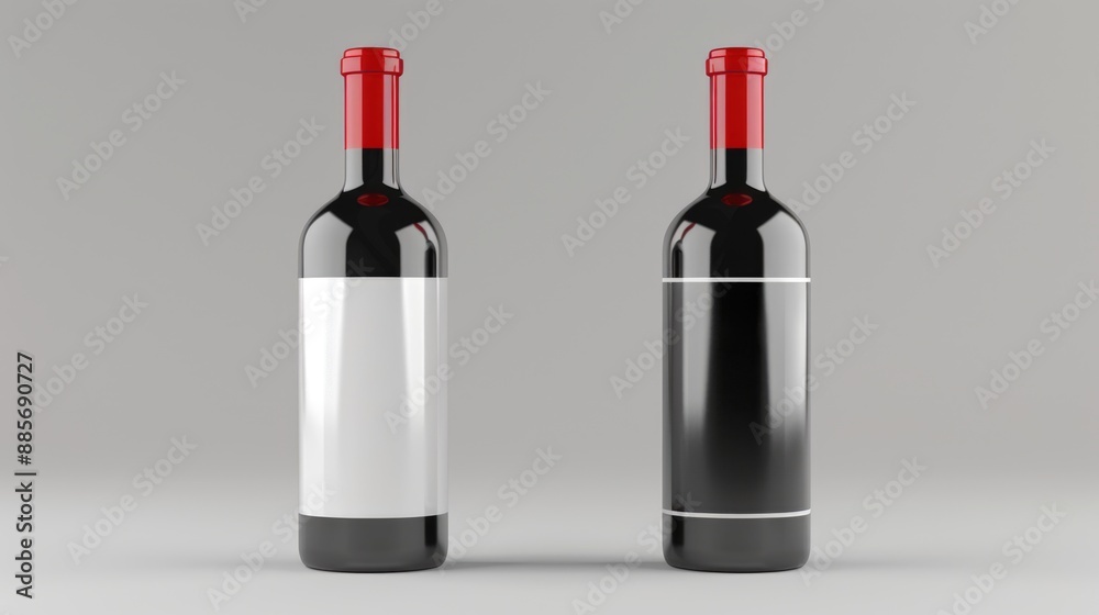 Two wine bottles stand side-by-side on a gray background, each with a blank label ready for customization. The bottles have red tops and a dark glass body Two wine bottles stand side-by-side on a gray background, each with a blank label ready for customization. The bottles have red tops and a dark glass body