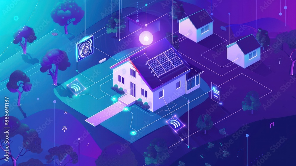 Naklejka premium Smart Home Technology Integration in a Suburban Neighborhood