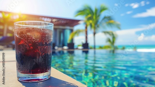 A glass of iced beverage sits on the edge of a sparkling swimming pool, with a tropical paradise in the background
