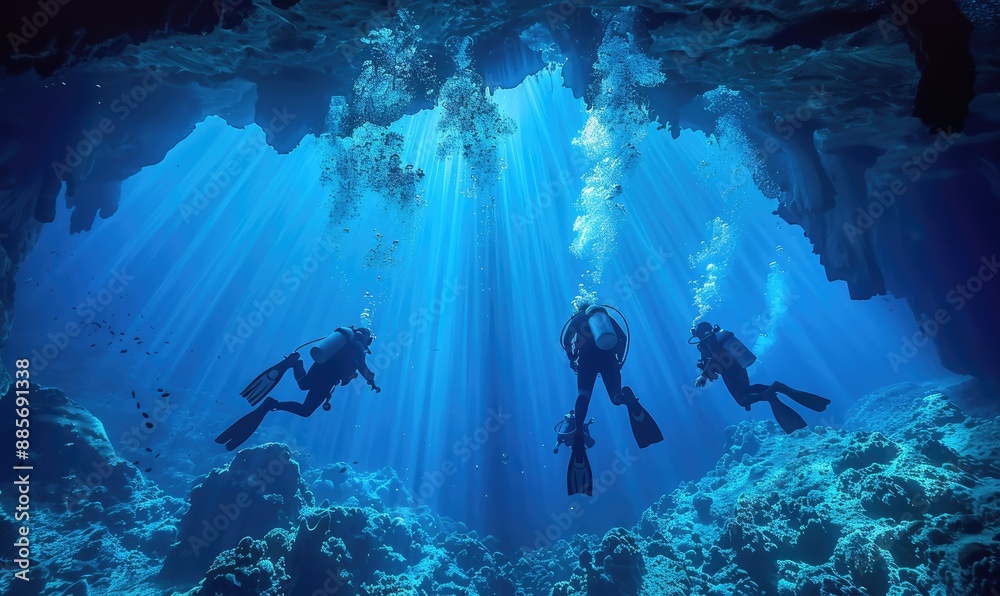 Divers Preparing Gear for Subsurface Exploration of Underwater Caves and Reefs Divers Preparing Gear for Subsurface Exploration of Underwater Caves and Reefs