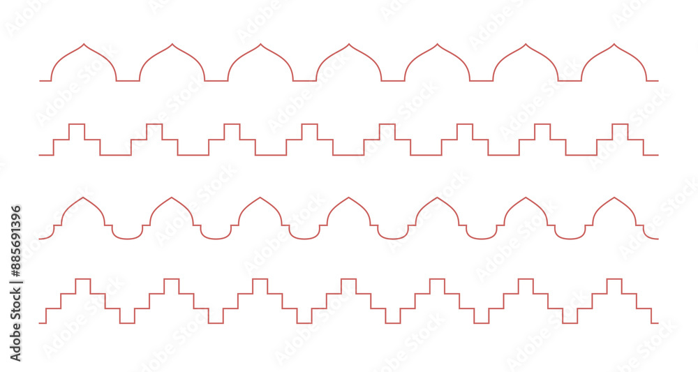 Naklejka premium Line arabic roof top seamless border pattern. Simple outline elements