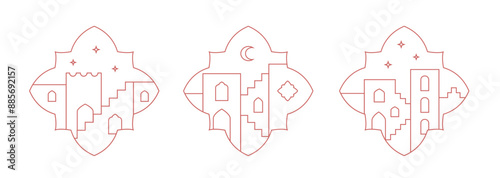 Moroccan style line stairs, arch, moon. Oriental windows view to cityscape, landscape. Vector outline posters, cards