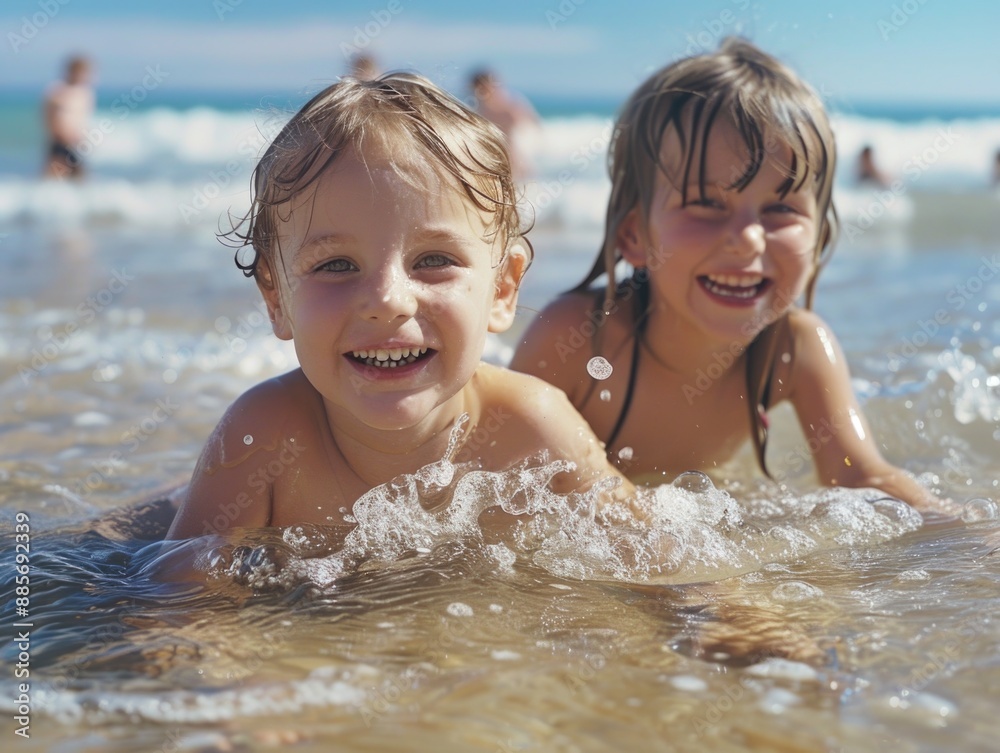 Two young kids enjoying the beach and playing in the water, great for summer vacation or family fun concepts Two young kids enjoying the beach and playing in the water, great for summer vacation or family fun concepts