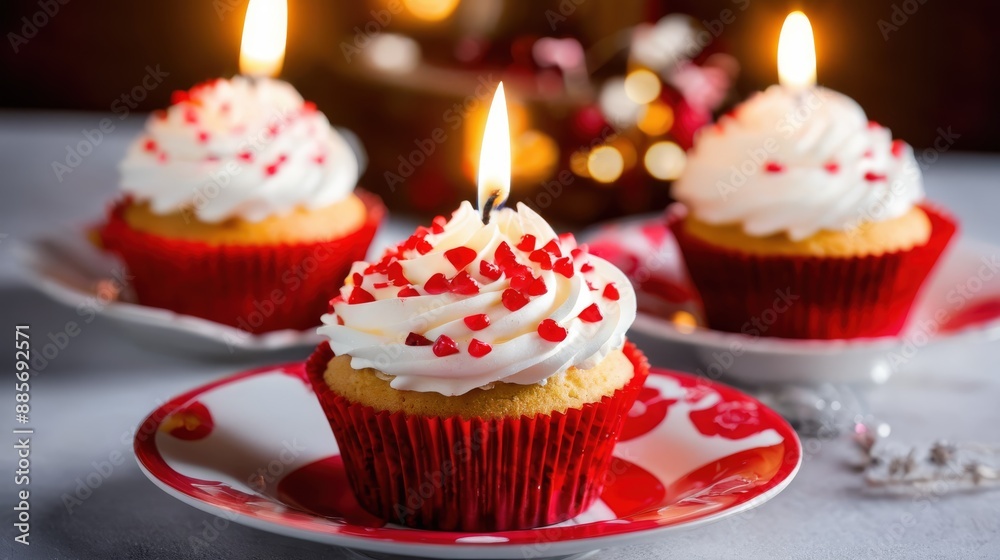 A single cupcake with a candle on top, placed on a dark surface, symmetrically arranged A single cupcake with a candle on top, placed on a dark surface, symmetrically arranged