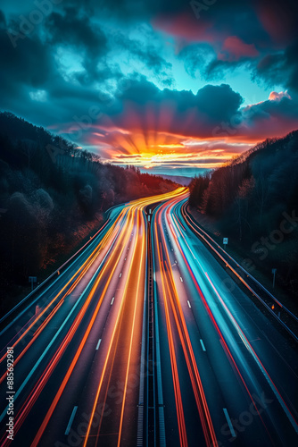 Moving car lights on highway at night long