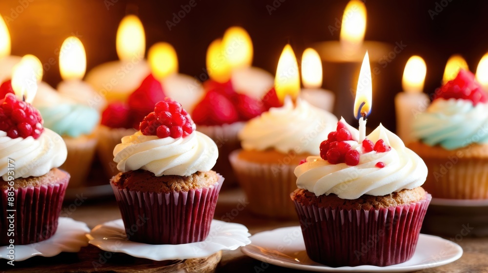 A single cupcake with a candle on top, placed on a dark surface, symmetrically arranged A single cupcake with a candle on top, placed on a dark surface, symmetrically arranged