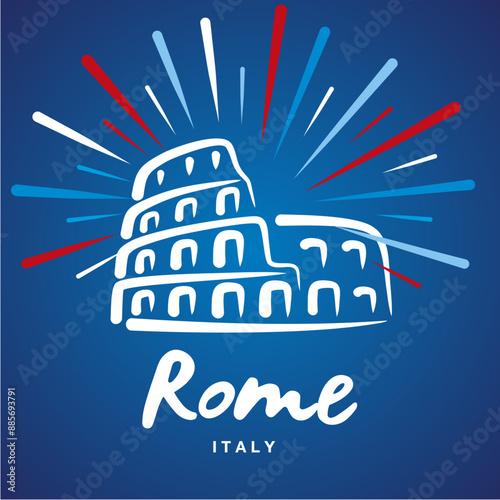 Rome Italy handwritten typography text with Colosseum Arena draw and blue white red sparkle firework label icon.ai
