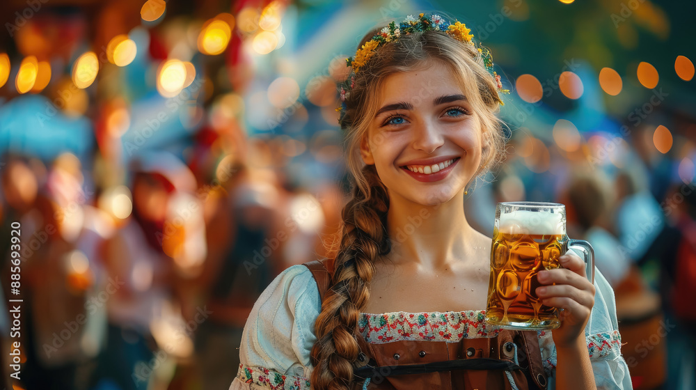 beautiful young woman in traditional German costume holds a mug of beer against the background of the Oktoberfest festival in Germany, Munich, Bavaria, drink, national, autumn, October, fair, alcohol beautiful young woman in traditional German costume holds a mug of beer against the background of the Oktoberfest festival in Germany, Munich, Bavaria, drink, national, autumn, October, fair, alcohol