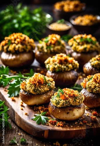 delicious gourmet stuffed mushrooms herbed breadcrumbs, appetizer, savory, vegetarian, dish, food, recipe, culinary, homemade, fresh, ingredients, flavorful, baked,