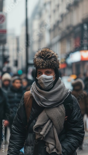 Cold Winter Day Street Scene: Person Wearing Mask and Scarf for Protection, Busy Urban Environment