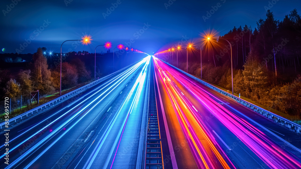 Moving car lights on highway at night long Moving car lights on highway at night long