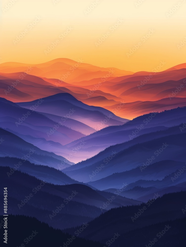 A minimalist mountain landscape at sunset, with gradient colors transitioning from orange to purple