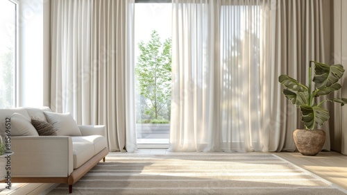 Sunlit living room featuring a white sofa, indoor plant, and sheer curtains.