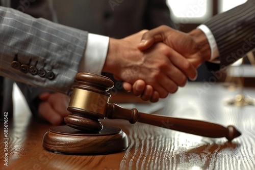 close-up shot of a gavel resting on a table, with a lawyer and their client shaking hands in the background at a courtroom.