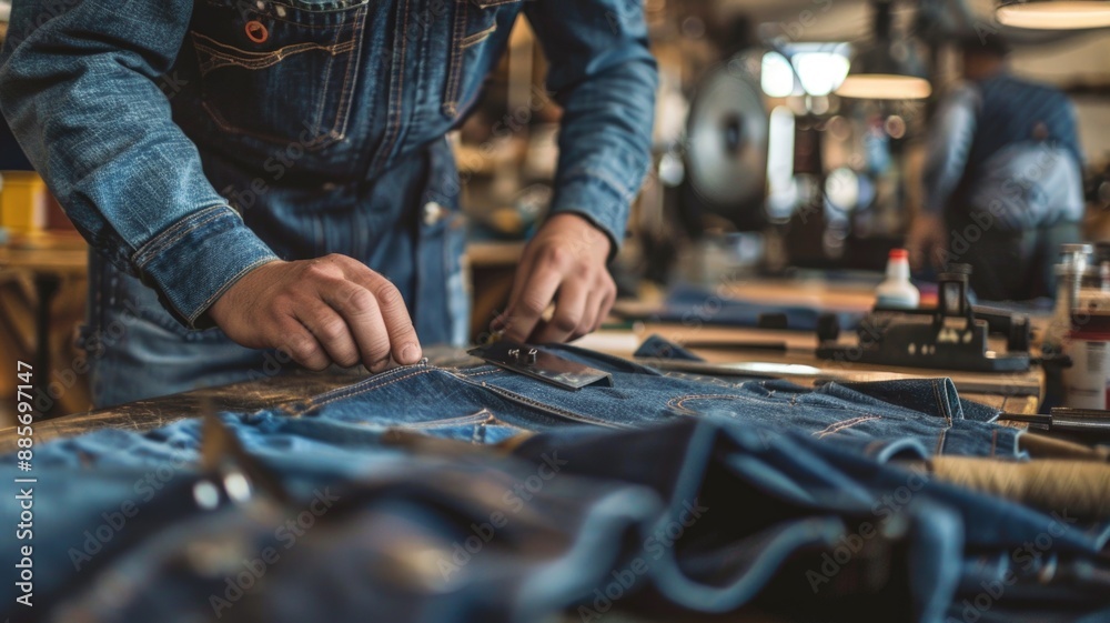 Obraz premium Tailor Working on Denim Fabric in Workshop