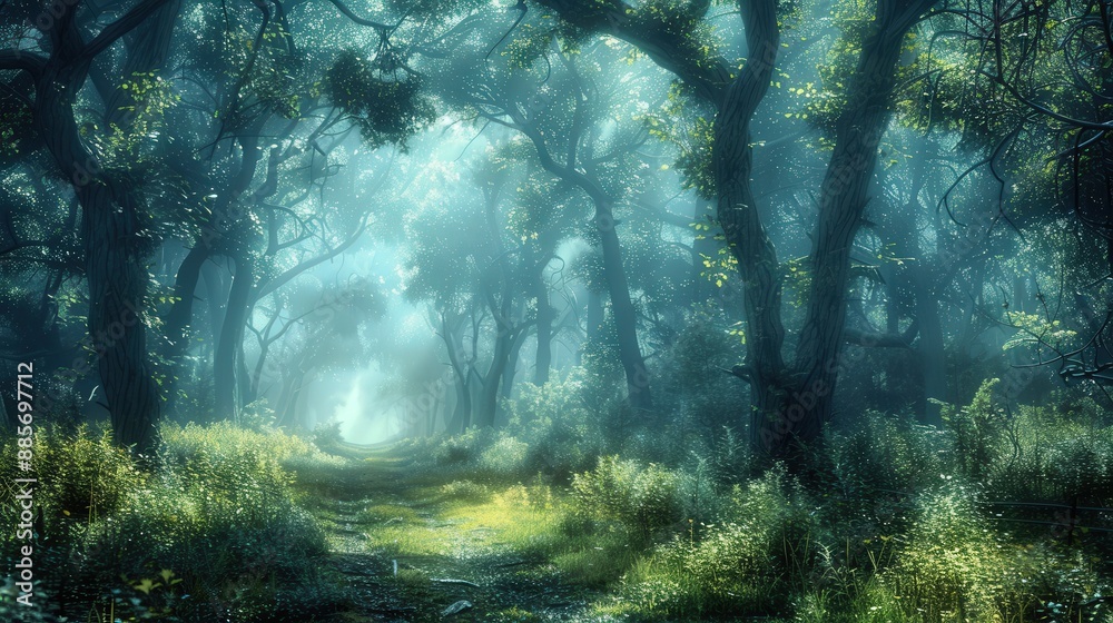 A forest with a path through it A forest with a path through it