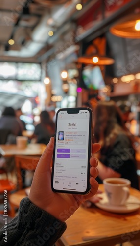 Smartphone with E-Commerce Sale Notification in Cozy Café Setting - Ideal for Marketing and Advertising