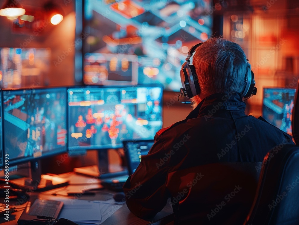 A man wearing headphones sits in front of a bank of computer screens. AI. A man wearing headphones sits in front of a bank of computer screens. AI.
