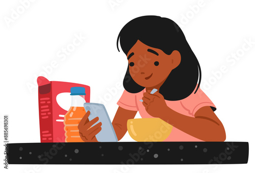 Young Black Girl Using A Smartphone While Having Breakfast At The Table. Child Character Is Enjoying Her Meal