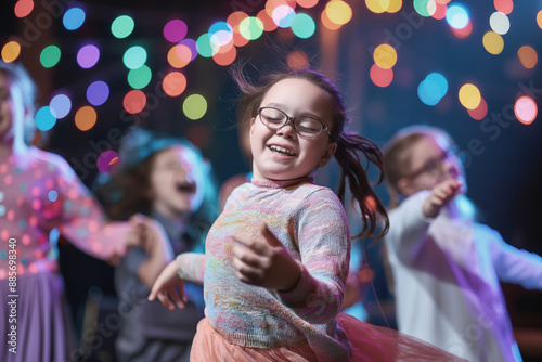 Girl with Down syndrome dancing with friends under colorful lights. Her joyful expression and movement create a lively and inclusive atmosphere