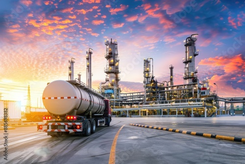 A tanker truck full of oil approaches a massive refinery complex at sunset, with the vibrant sky casting a dramatic glow over the industrial scene