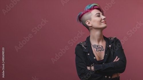 Nonbinary person with a shaved side and colorful hair posing confidently against a red background. They wear a black jacket, showcasing tattoos and an alternative style.