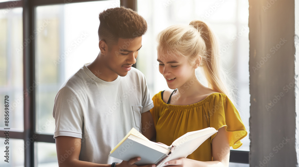 Teenage boy and girl standing together reading a book in a bright room ...